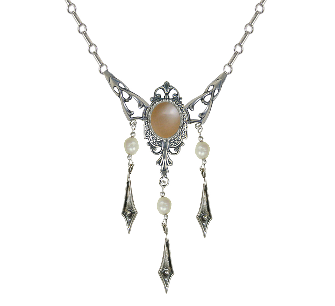 Sterling Silver Victorian Necklace With Peach Moonstone